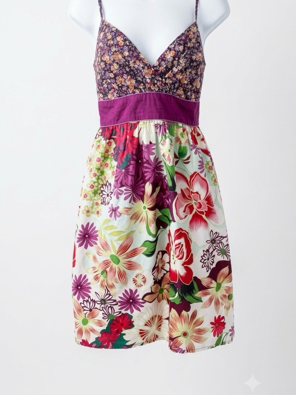 Xhilaration Empire Waist Purple Multicolor Floral Sun Dress L 100% Cotton